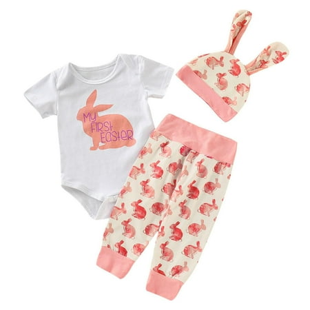 

EHTMSAK Infant Baby Toddler Girl 3PCS Summer Clothing Set Short Sleeve Outfits Bodysuit and Pants Set with Hat Pink 3M-18M 90