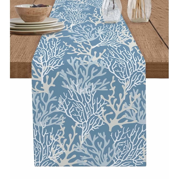 Hokiten Table Runners 72 Inches Long Dress Scarves, Blue Coral Coastal Farmhouse Kitchen/Dining Table Runner, Coffee Tablerunners, Ocean Nautical Seaside Beach 14x72 Inch