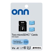 onn 32GB C10 U1 V10 A1 microSDHC Flash Memory Card 2-Pack with Adapter, for Phones, Tablets & Drones