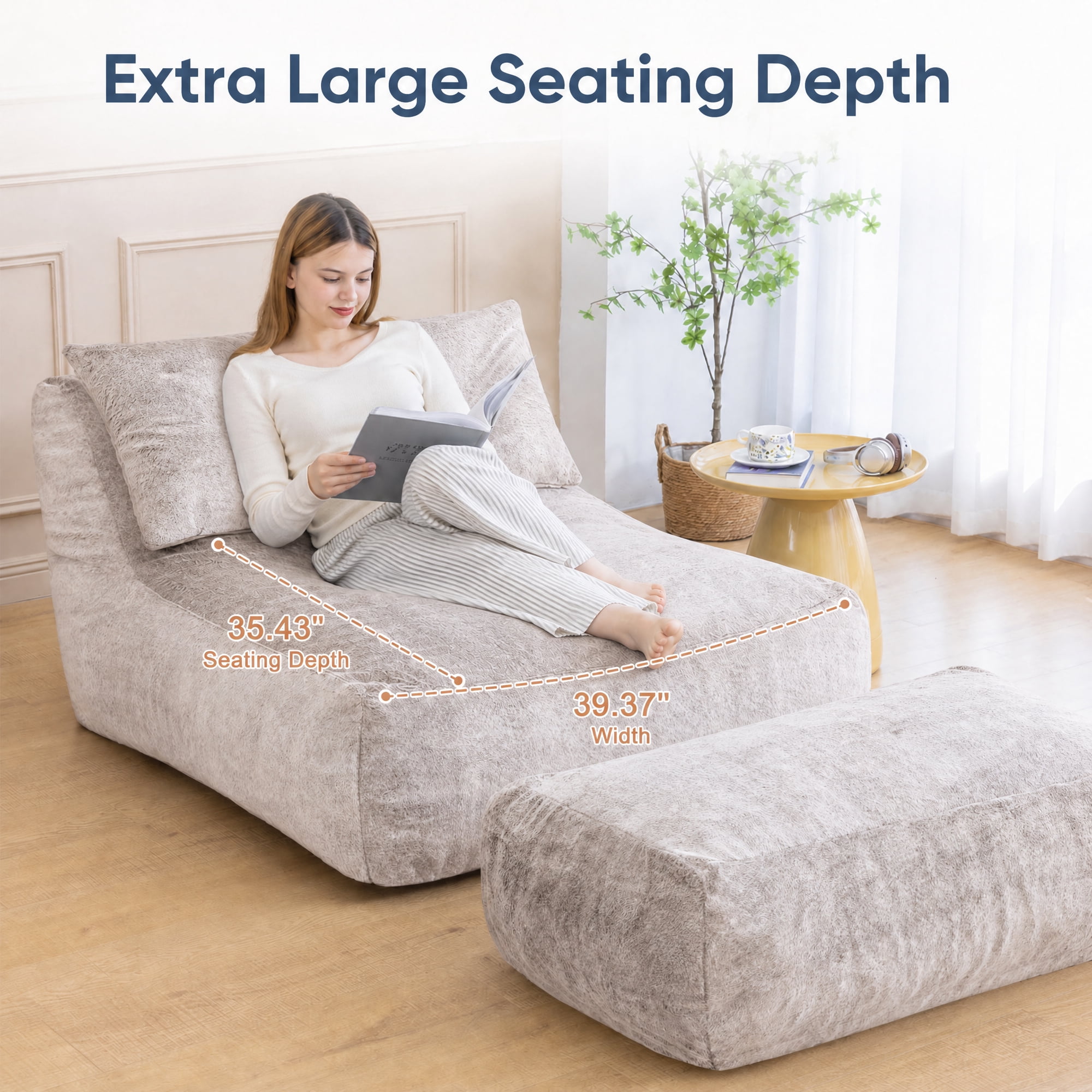 Alvantor Convertible Plush Sofa Bed with Ottoman and Pillow, Oversized Shaggy Faux Fur Floor Sofa, Foam Filled Armless Sleeper for Living Room, Bedroom, Dorm