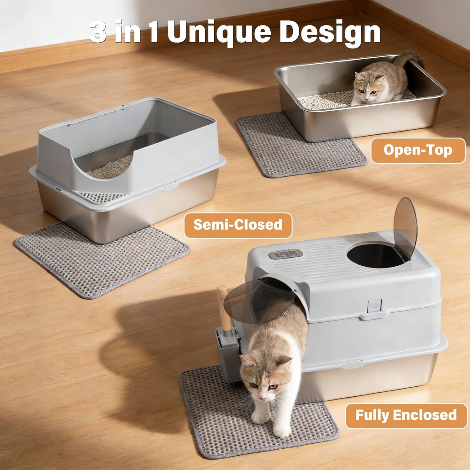 Extra Large Stainless Steel Litter Box with Lid, High Sided Design Includes Mat and Scooper, Easy Clean Non-Stick Odor Control