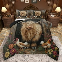 Manfei Cute Highland Cattle Queen Comforter Set,Rustic Farmhouse Cabin Bedding Sets,Colorful Daisy Flowers Bedding Comforter Set For Men Women,Ultra Soft Home Decor Reversible,3pcs
