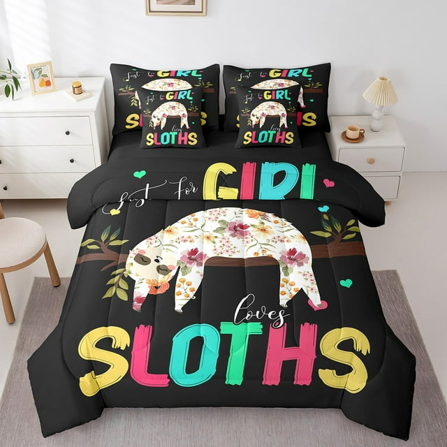 YST Sloth Bed In A Bag Full Floral Sloth Comforter Set 7 Piece For Kids Adults,Cute Cartoon Animal Bedding Set Love Heart Sheet Set With Comforter