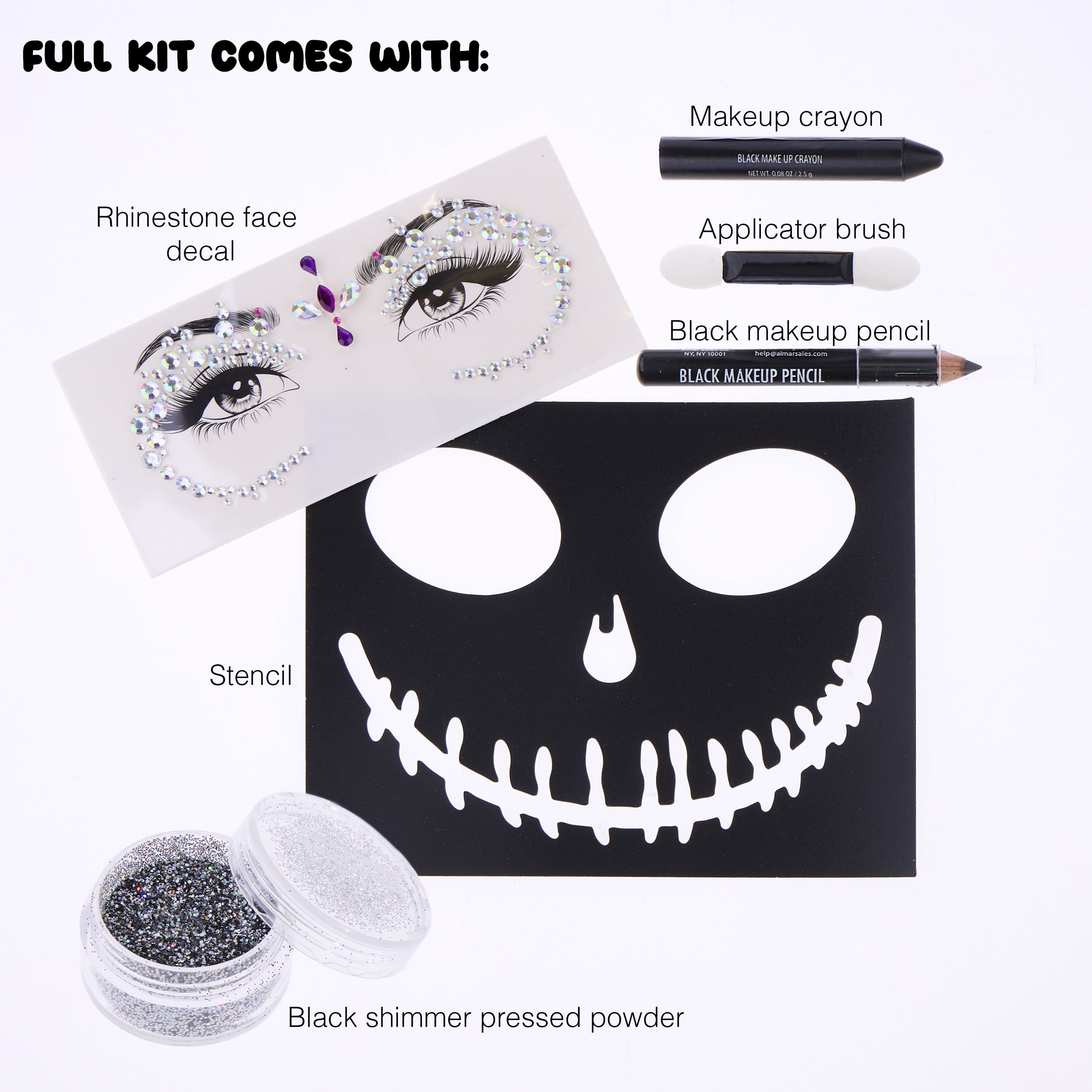 Expressions Glitter Skeleton Makeup Kit with Rhinestone Eye Jewels & Stencil