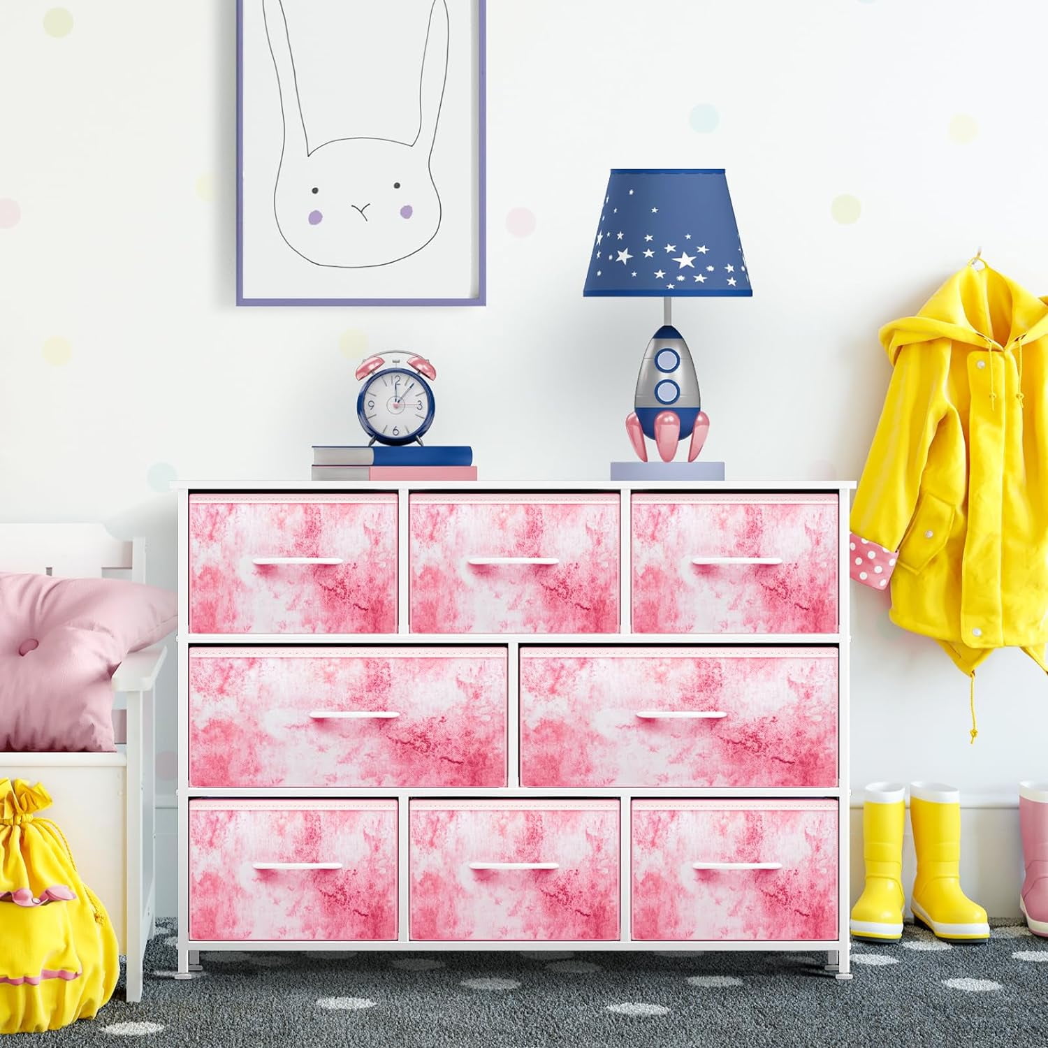 Sorbus Dresser with 8 Fabric Bins Drawers - Kids Furniture Storage Chest for Clothing Toys Organization, Bedroom, Closet (Tie-Dye Pink)
