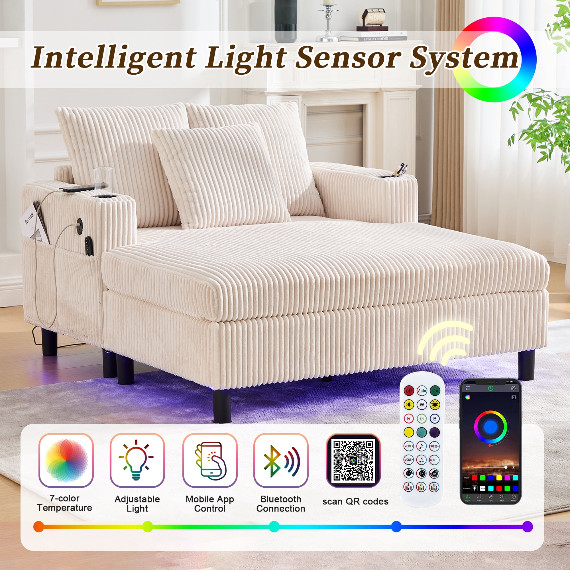 MOONMISS Corduroy Upholstered Oversized RGB LED Light Recliner Sofa Bed with Cup Holder,USB&3 Pillows-Beige