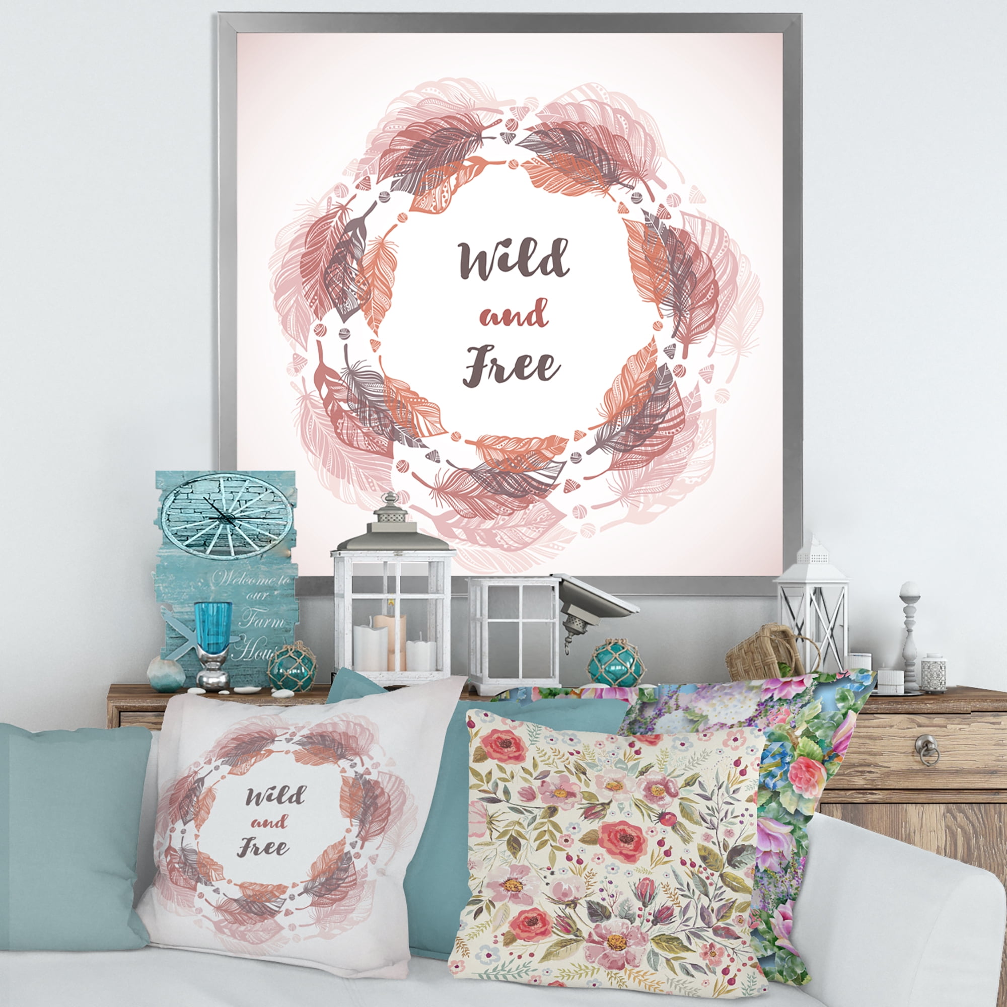 Designart 'Wild and Free Feather Wreath In Boho Style' Bohemian & Eclectic Framed Art Print