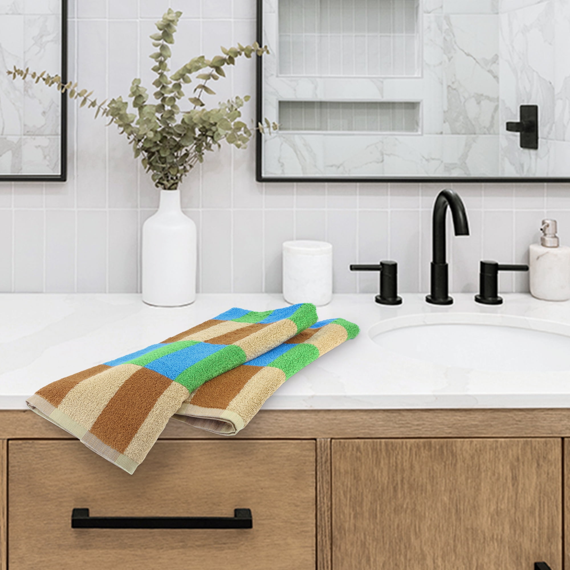 Unique Bargains Checkered Cotton Hand Towels for Bathroom, Kitchen Blue Brown 2-Piece