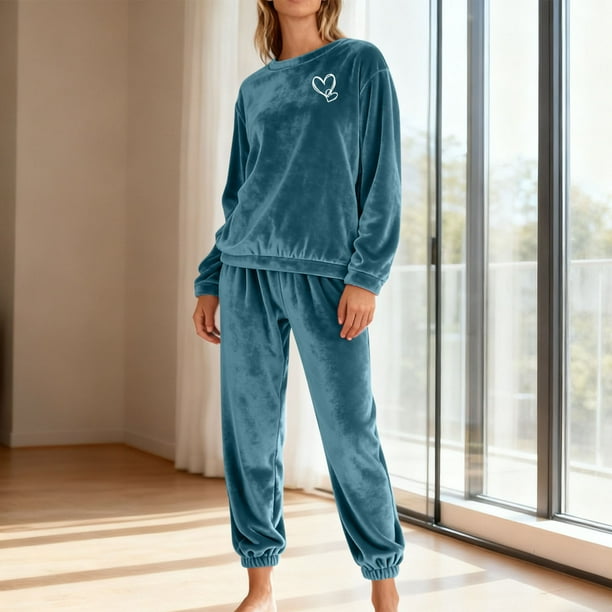 Conjunto de pijama de terciopelo grueso y cálido para mujer, con cuello redondo, estampado y pantalones de poliéster para invierno.