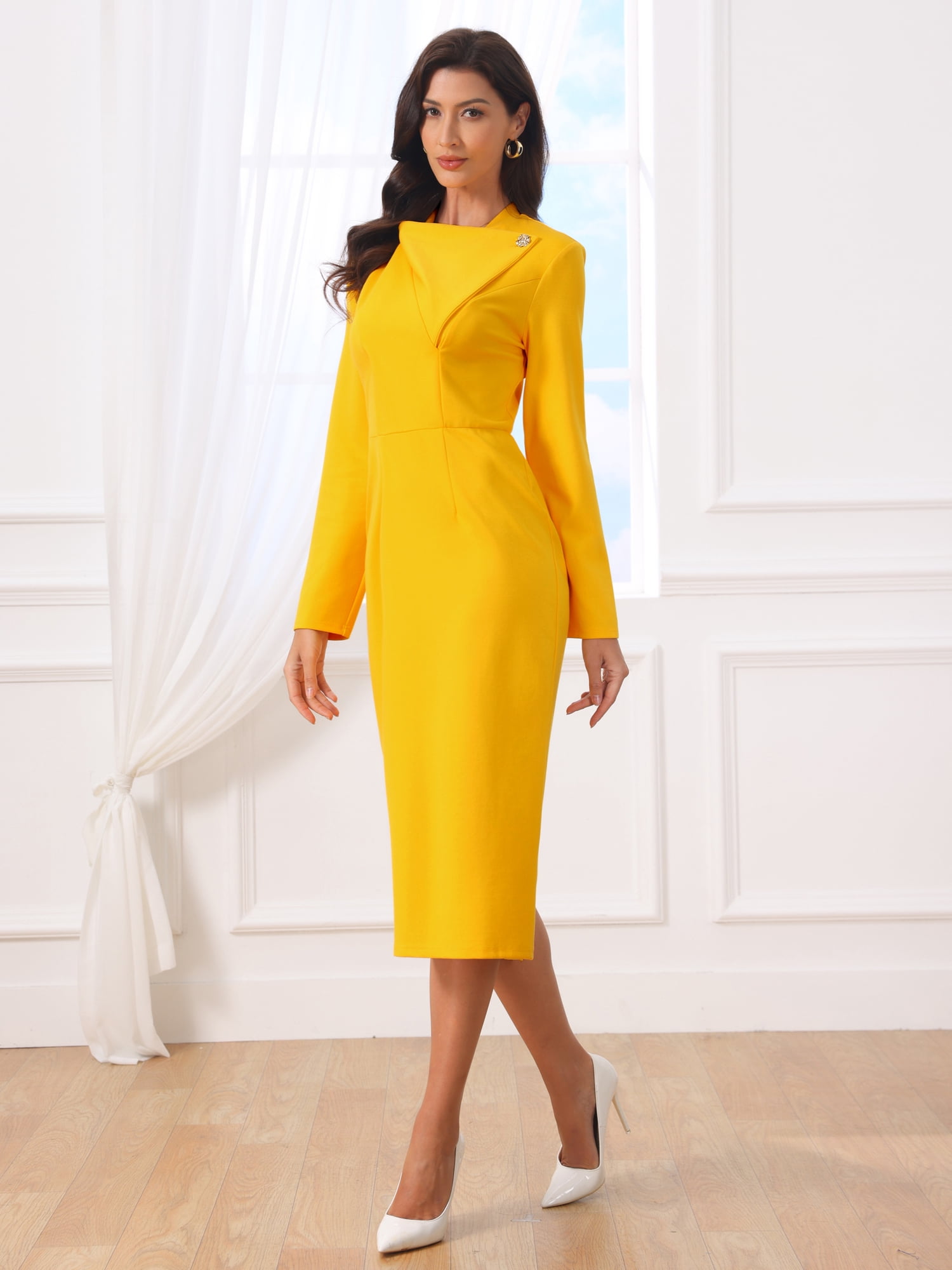 DARING DIVA Women's Elegant Pencil Dress Lapel V Neck Long Sleeve Dress XL Yellow