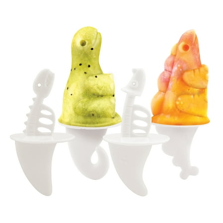 Tovolo Dinos Pop Molds, Flexible Silicone Mold Sets with Base, 4 Dinosaur Popsicle Characters, Dishwasher Safe - Set of 4 Popsicle Makers with Sticks and Base