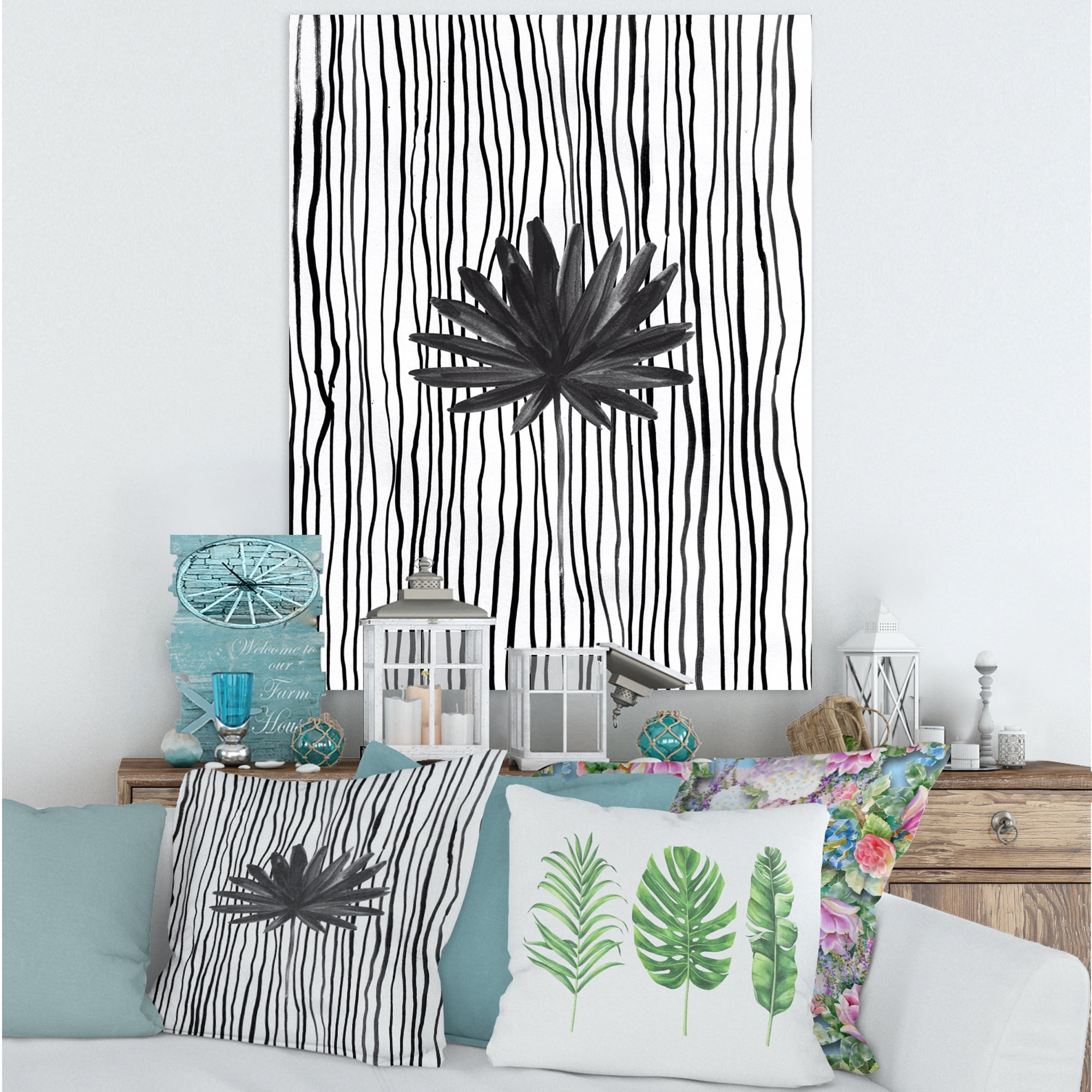 Designart ' Black and White Striped Under Tropical Leaf III ' Modern Canvas Wall Art Print
