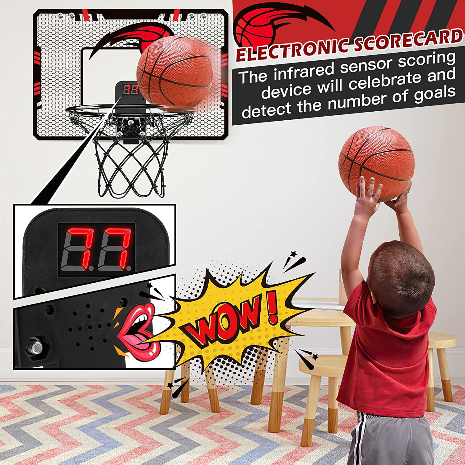 Zmoon Indoor Mini Basketball Hoop with Electronic Score Record and Sounds,  Foldable over the Door Basketball Hoop with 3 Balls Toy Gifts for Teen  Adult 