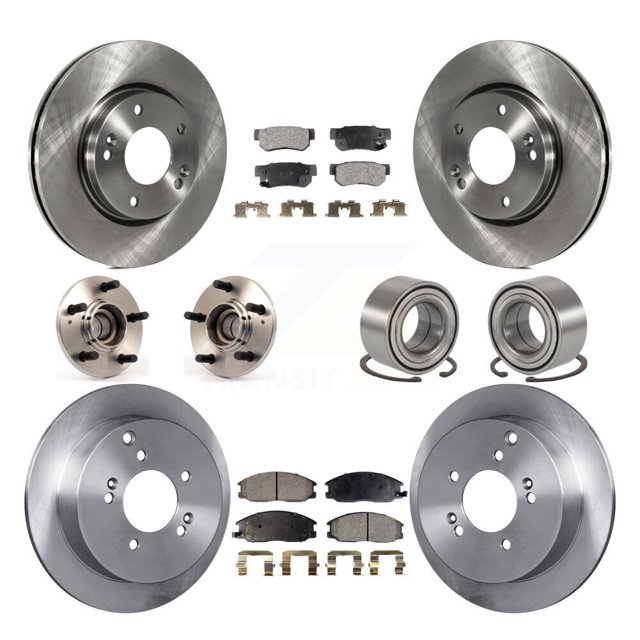Transit Auto Front Rear Hub Bearing Assembly Disc Brake Rotor and Semi-Metallic Pad Kit (10Pc) for Car 2001-2006 Hyundai Santa Fe FWD with Non-ABS with 276mm Diameter Left Right KBB-106195