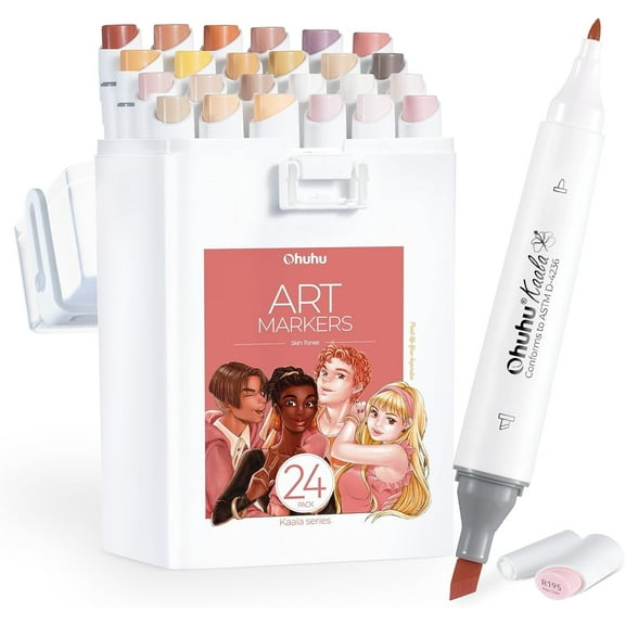 Ohuhu 24 Skin Tone Alcohol Markers, Slim Broad and Fine Tips, Refillable, for Artists, Kaala Series