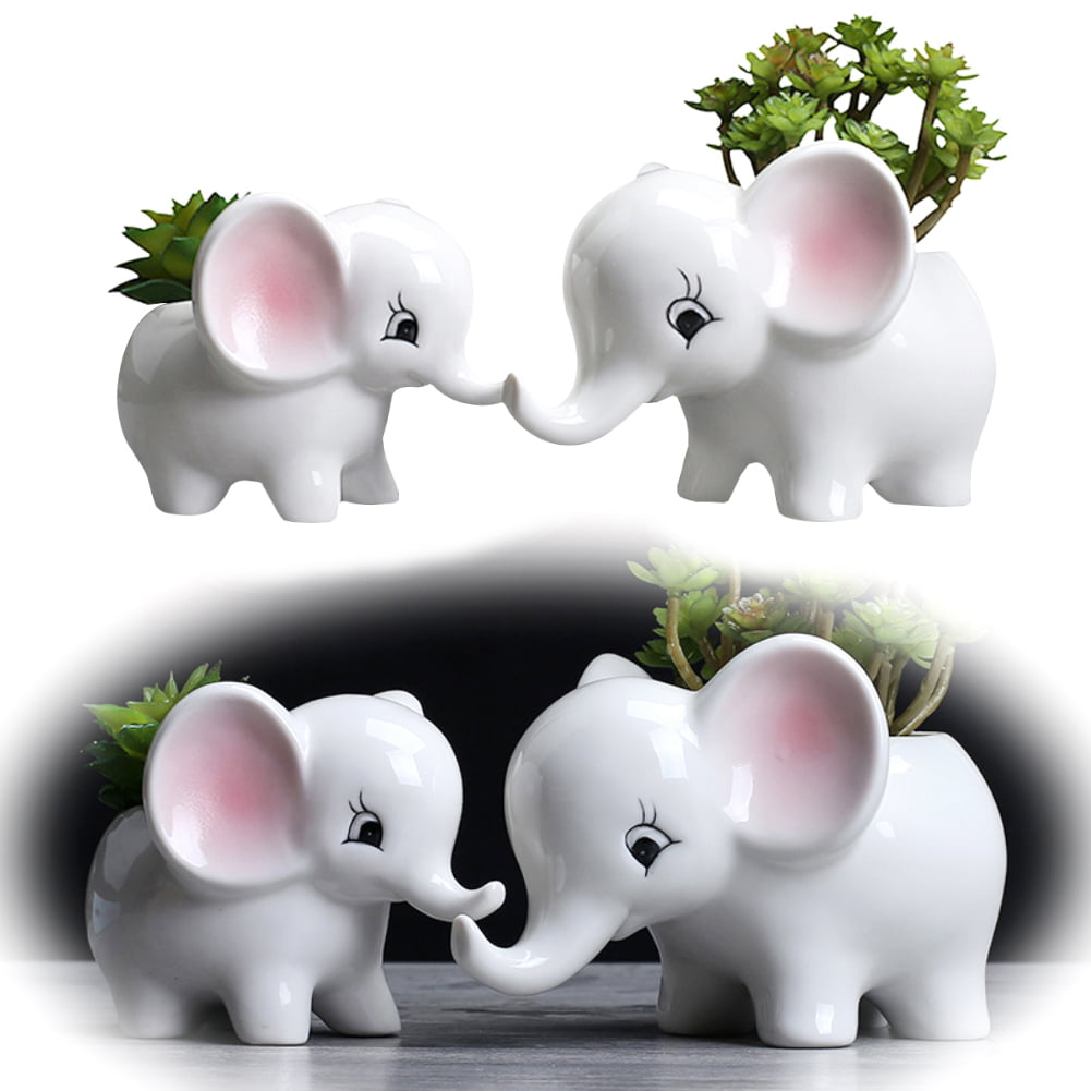 Set of 2 Elephant and Panda Dolomite Ceramic Planters With Wooden Legs 