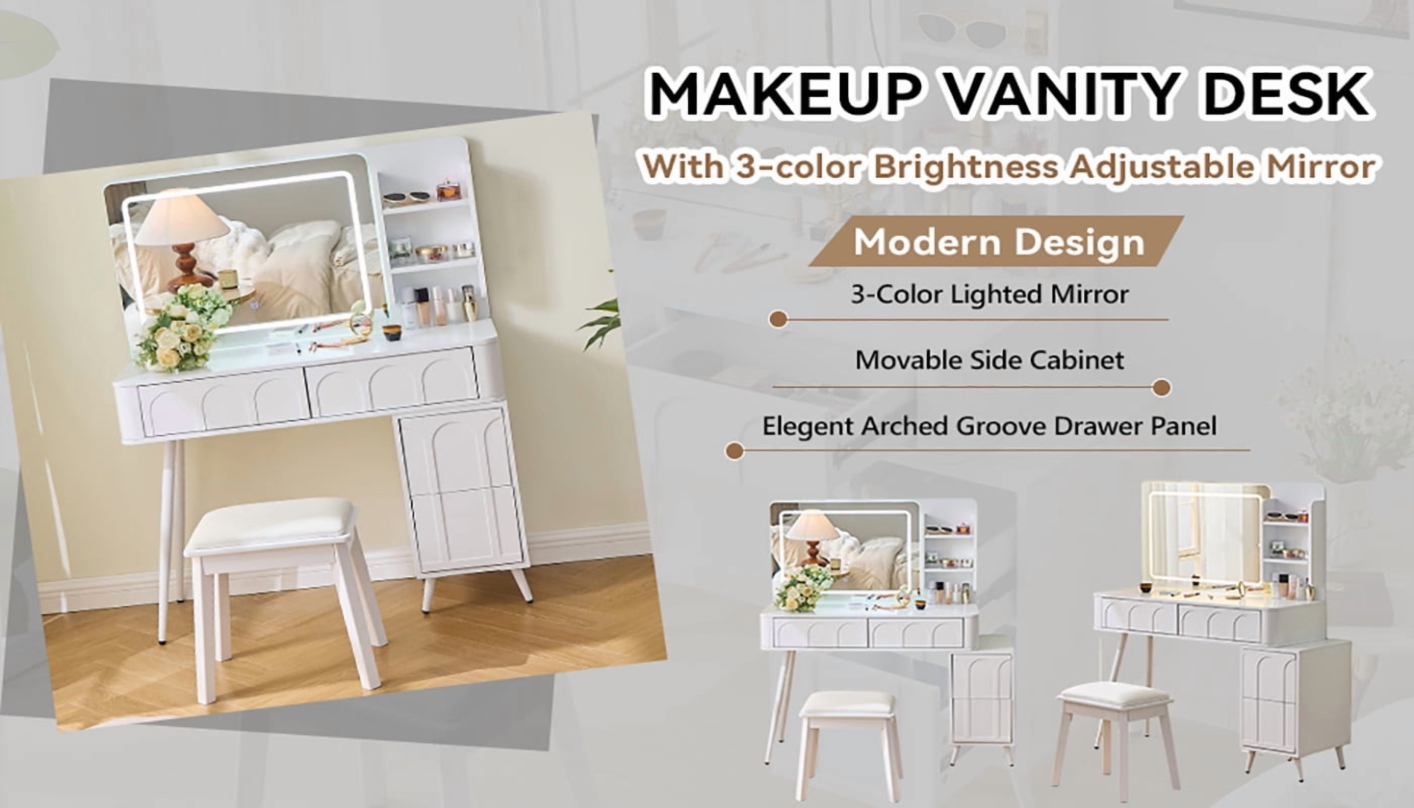 Makeup Vanity Desk LED Mirror 4 Drawers Dimmable Lights Stool White Space Saving