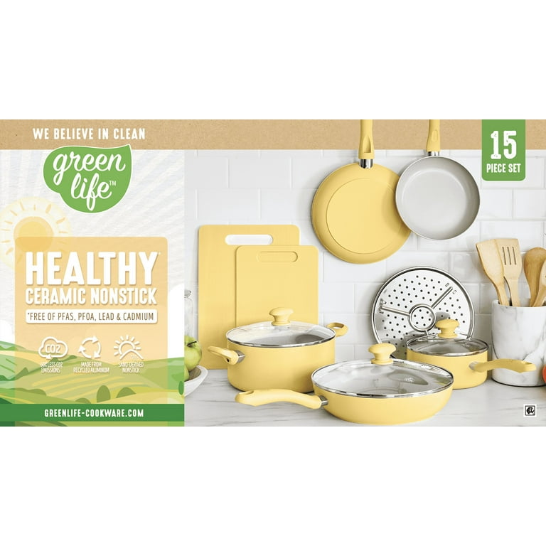 GreenLife Artisan Healthy Ceramic Nonstick, 12 Piece Cookware Pots and Pans Set in Yellow