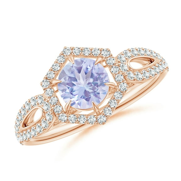 ANGARA Natural Tanzanite Split Shank Ring with Diamond Hexagon Halo in 14K Rose Gold for Women (Size-5mm) | December Birthstone, Birthday, Anniversary, Jewelry Gift for Women | Natural Tanzanite Ring