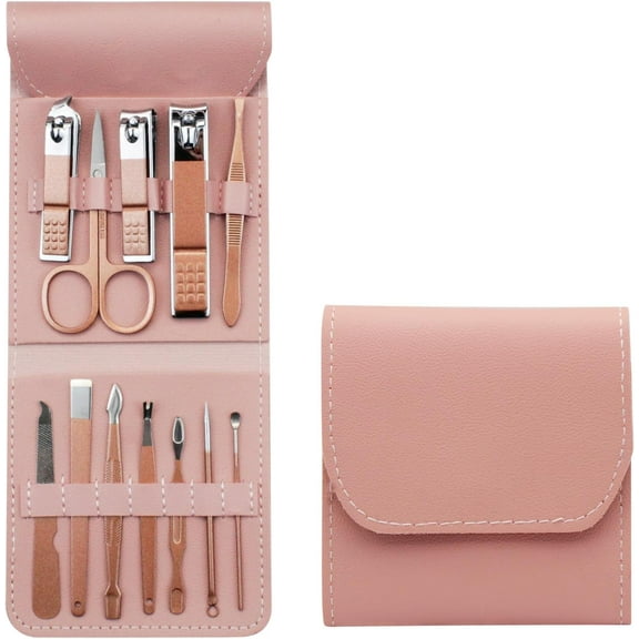 Nail Clippers,12 pcs Stainless Steel Manicure Set with Nail File Tweezers for Men and Women Sharp Toenail Clippers with Travel Case for Thick Nails Acrylic Nail & Ingrown Nails (Rose Gold)