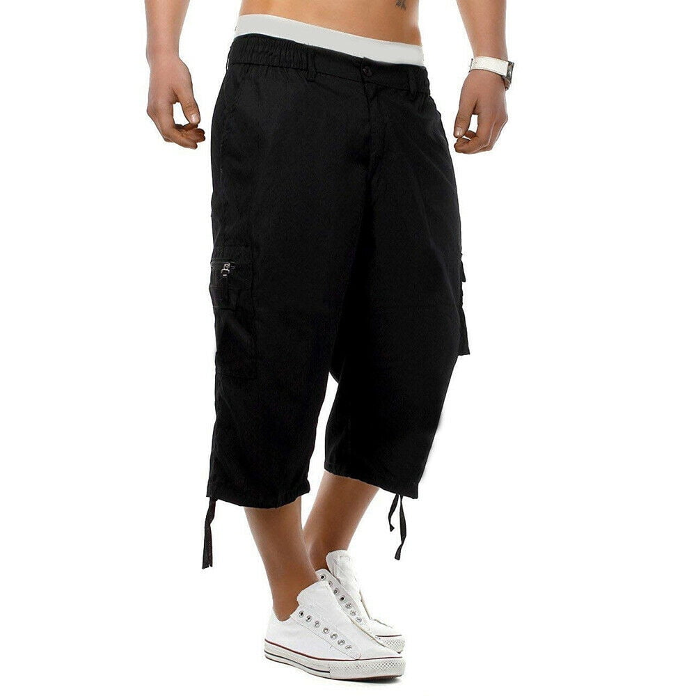Men 3/4 Length Cargo Pants Shorts Loose Casual Pockets Cotton Trousers Over Size