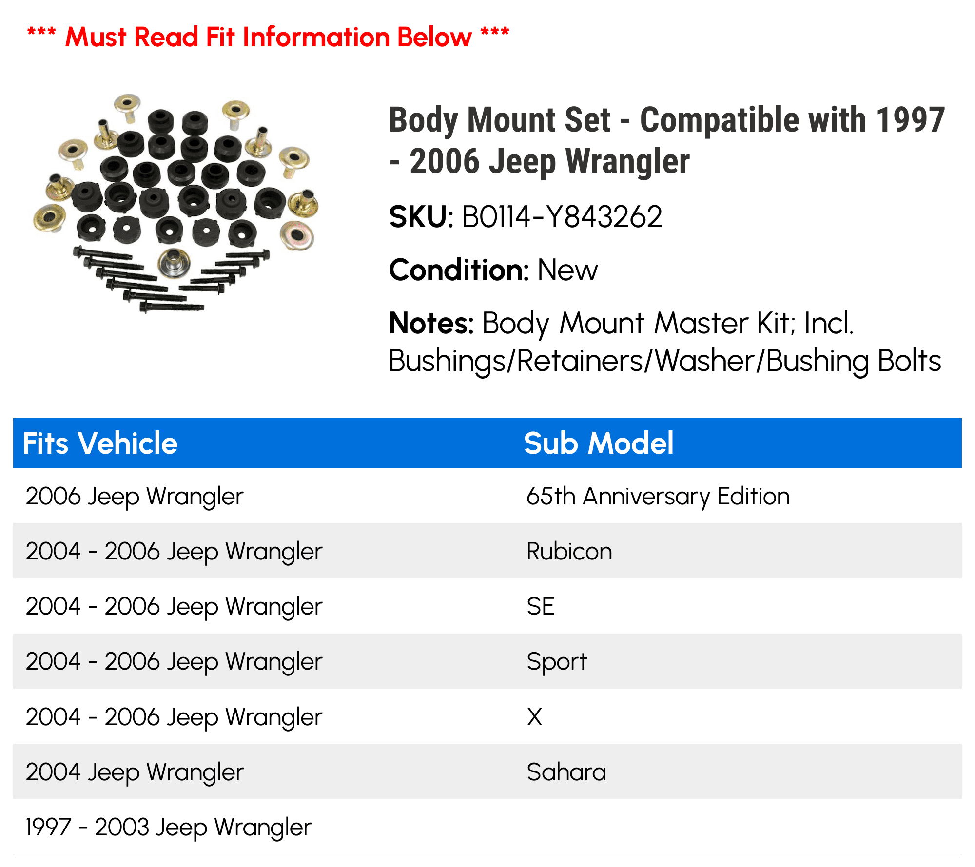Body Mount Set - Compatible with 1997 - 2006 Jeep Wrangler 1998 1999 2000 2001 2002 2003 2004 2005