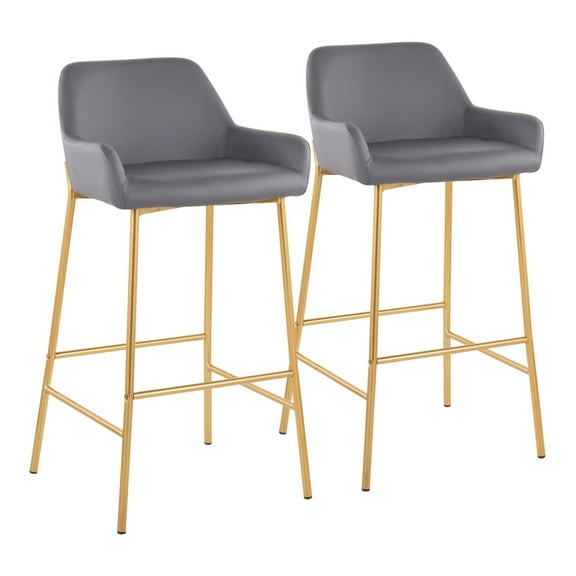 Daniella Contemporary Glam Fixed-Height Bar Stool In Gold Metal And Grey Faux Leather - Set Of 2
