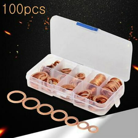 

Leke 100Pcs Copper Crush Washer Gasket Set Flat Ring Seal Assortment Kit M4-M14 Kit