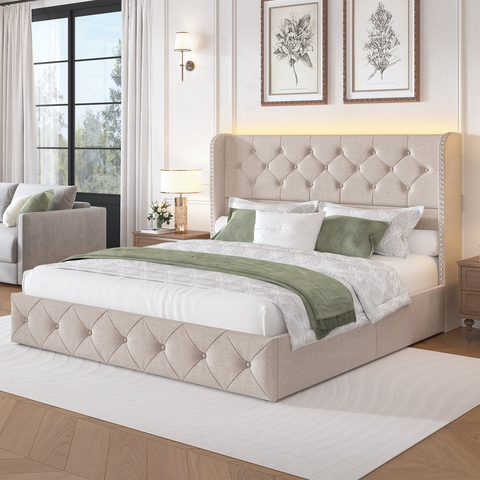 Queen Size Bed Frame with Storage Drawers and Tufted Headboard Velvet Upholstered Platform Bed Frame with LED Light Wingback, Beige