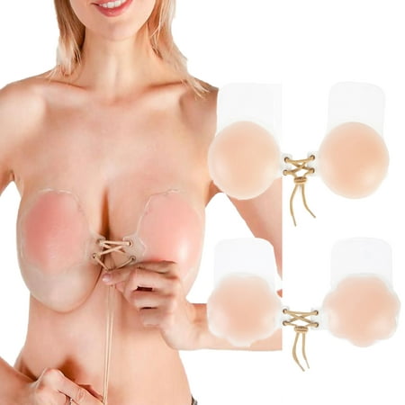 LELINTA Womens Push up Adhesive Push Breast Boob Lift Nipple Cover Pasties Bra Invisible Sticker Strapless Backless Bra with Drawstring,Flower