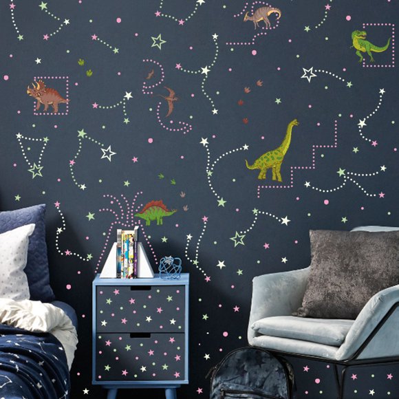 3D Luminous Dinosours and Dots Stars DIY Decals for Walls Or Ceiling Dino Sticker Perfect Kids Boys Bedroom Living Room Decor