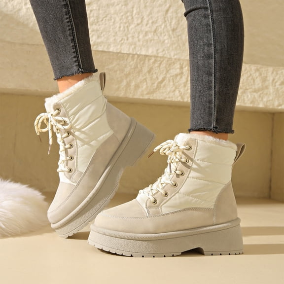 HTHLVMD Women Snow Boots, Warm Faux Fur Lined Boots, Women's Winter Snow Boots Lace Up Waterproof Warm Faux Fur Lined Booties Quilted Puffer Thick Sole Outdoor Walking Shoes, Beige 5.5