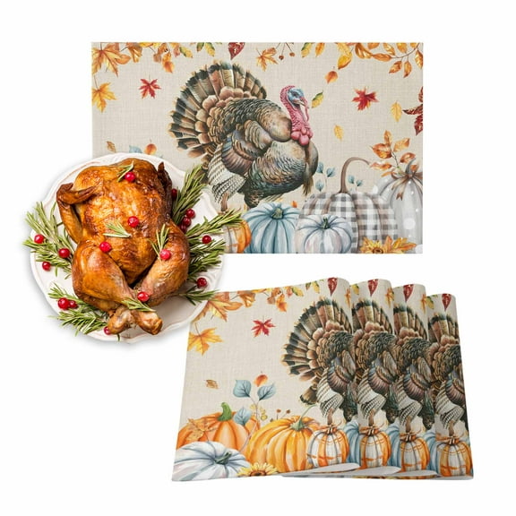 Fall Placemats Set of 6 Turkey Pumpkin Place Mats Thanksgiving Placemat Bird Autumn Maple Leaf Linen Table Mats for Dining Kitchen Table Holiday Dinner Party Home Fall Decorations 13x19 Inch