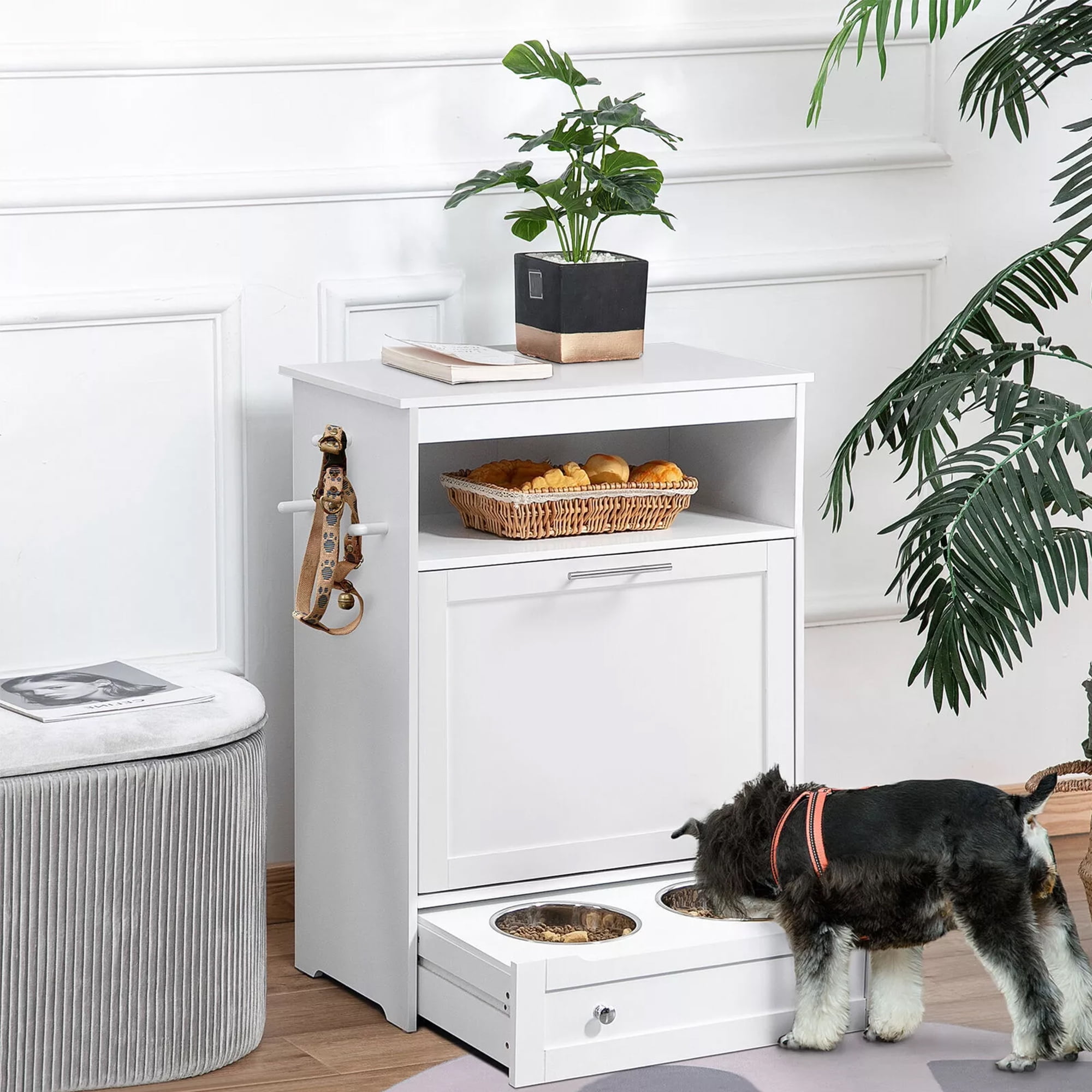 resenkos 32" Dog Feeder Station with Stainless Steel Bowl, Dog Food Storage Container, Pull Out Pet Food Cabinet, White