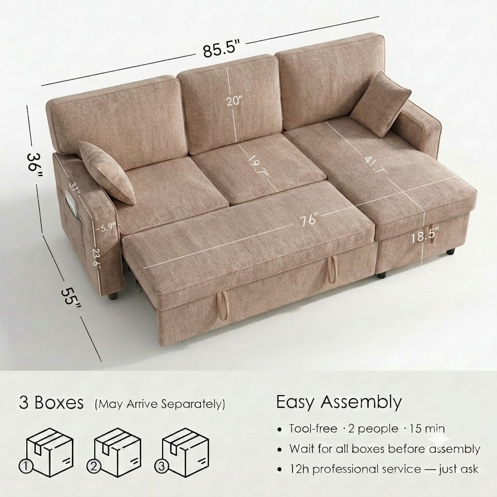 avobird 85.5'' Pull Out Sofa Bed, L Shaped Sleeper Sofa with Flip-Down Center Console & Charging Ports, Chenille Convertible Sofa for Apartment/Living Room, Light Brown