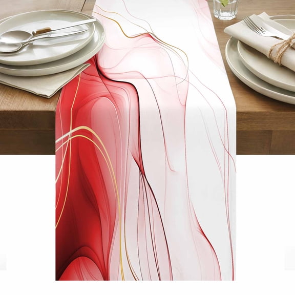 Marble Red Table Runner - 108 Inch Long, Kitchen Dining Table Runner Dresser Scarves, Gold White Modern Gradient Ocean Wavy Ripple Farmhouse Decor for Coffee Tables Wedding Party Banquet