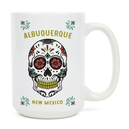 

15 fl oz Ceramic Mug Albuquerque New Mexico Day of the Dead Sugar Skull (White and Magenta) Dishwasher & Microwave Safe