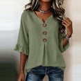 thumbnail image 3 of Cilsoka 3/4 Length Ruffle Sleeve Womens Tops Cotton Linen V Neck Button T Shirts Summer Beach Casual Boho Three Quarter Sleeve Tops, 3 of 6