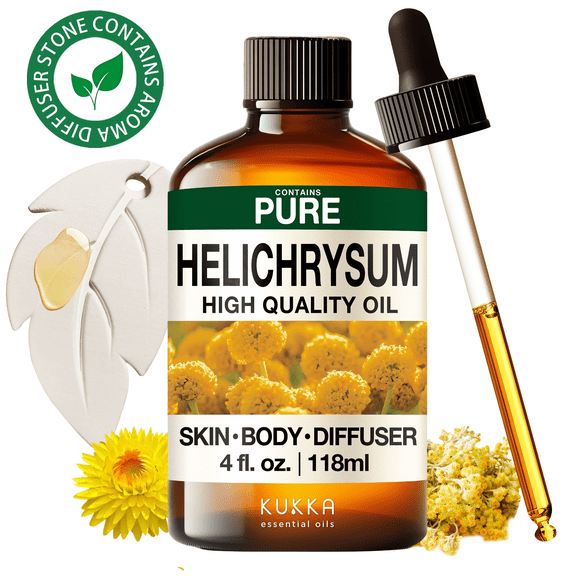 Kukka Helichrysum Essential Oil with Aromatherapy Stone - 100% Pure Slovenian Scent for Skin Support, Diffuser & DIY - 4 fl oz