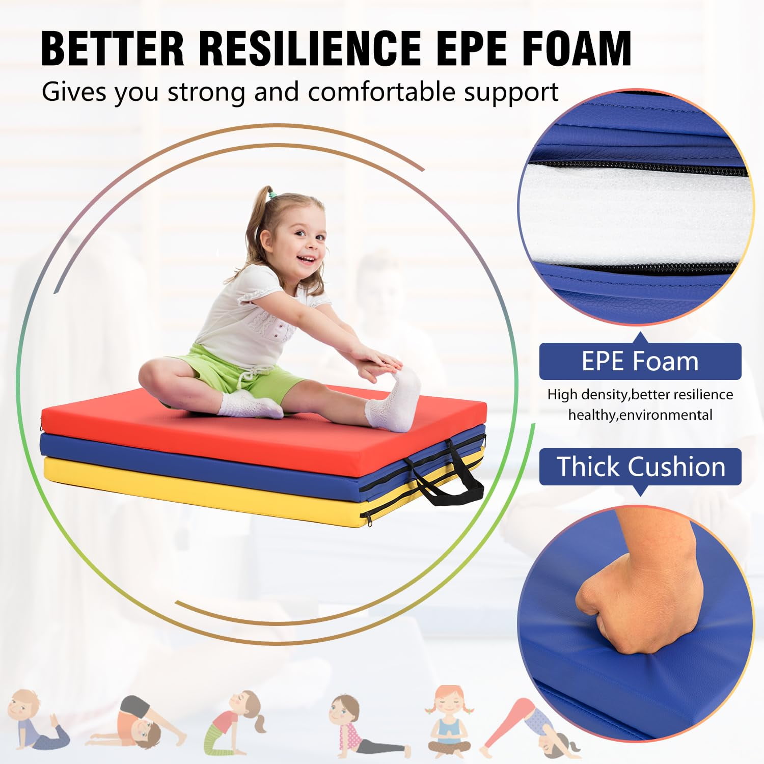 NiamVelo 6'x2'x1.5" Gymnastics Mat Folding Tumbling Mats 3-Fold Gymnastics Equipment PU Leather Exercise Mat Yoga Mat with Carrying Handles for Home Workout Outdoor, CM