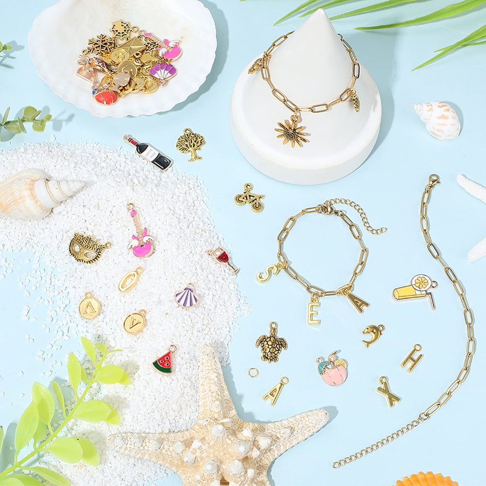 418Pcs Gold Charm Bracelet Making Kits Including 12Pcs Stainless Steel Paperclip Chain Bracelets 200Pcs Open Jump Rings 206Pcs Alloy Enamel Pendants