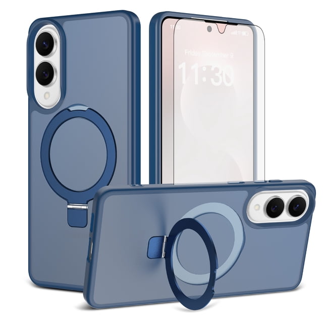 Asuwish Phone Case for Samsung Galaxy S25 Edge 5G Tempered Glass Screen Protector Magnetic Folding Stand Frosted Translucent Rugged Shockproof Protective Cell Cover S25Edge 6.66 2025 Women Men Blue