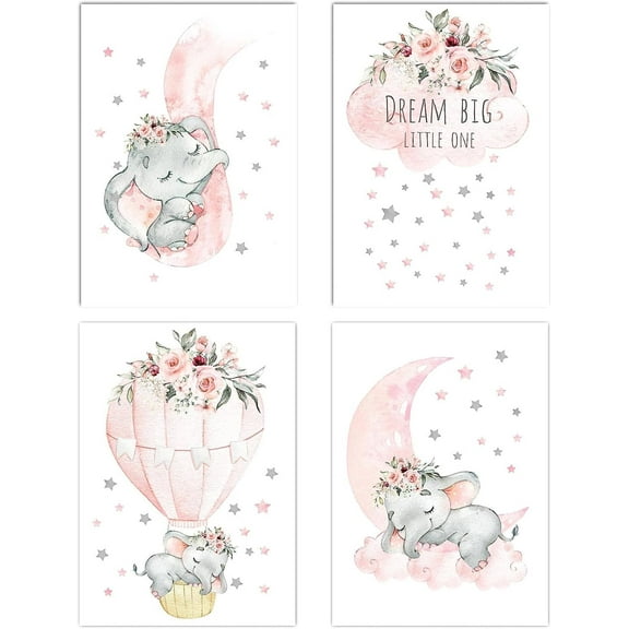 Pink Elephant Nursery Canvas Wall Decor Set of 4 Baby Girl Room Decor Elephant Wall Art Goodnight On A Hot Air Balloon |Dream Big Little One|Baby Room Wall Decor(12"x16")(Unframed)