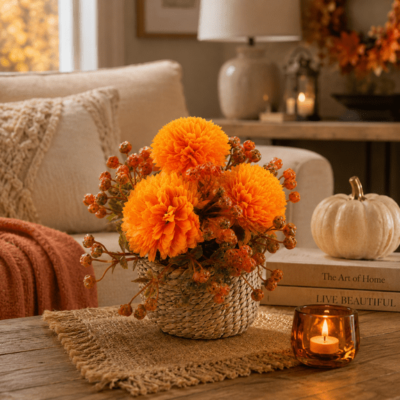 Fall Harvest Artificial Chrysanthemum Potted Plant Faux Ping Pong Mum Flowers in Woven Straw Pot Autumn Thanksgiving Tabletop Centerpiece Decor