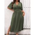 thumbnail image 3 of Plus Size Womens Army Green Solid V-Neck Wrap Short Sleeve Midi Dress, 3 of 6