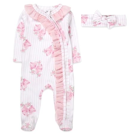 Baby Essentials Infant Girls 6 Months Embroidered Romper Footie with Matching Headband in Floral Pink Bows