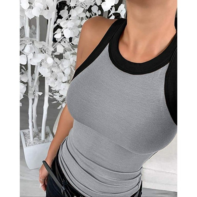 Solid Round Neck Ribbed Tank Top - Grey