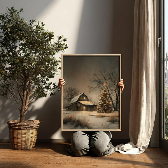 Rustic Christmas Barn Wall Art, Printable Winter Farmhouse Scene, Vintage Snowy Landscape with Tree and Lights, 24x36 UNFRAMED