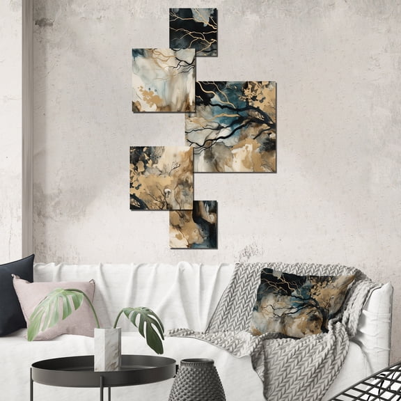 Designart "Marbled Dreamscape Blue and Beige II" Modern Geometric Metal Wall Art Prints Set