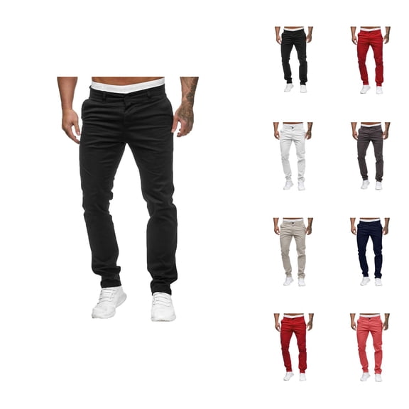 Casual Pants for Men 2025 Solid Color Mid Waist Slim Fit Full Length Cotton Pants with Pockets Trousers
